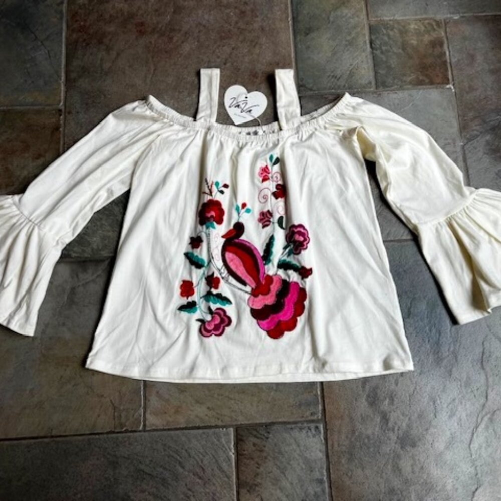 VaVa by Joy Han Embroidered Bird and Flowers Bell Sleeve Top Boho Off Shoulder
